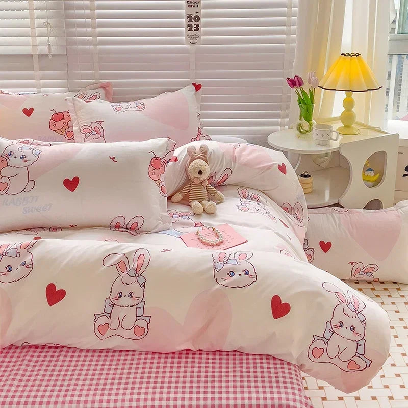 Cartoon Style Bed Sheet Set For Kids Cute Bunny Printed Bedding Set Breathable Durable постельное белье 이불세트 Queen/King Bedding Good Vibrations