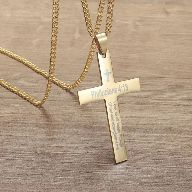 Philippians 4:13 Men's Simple Cross Pendant Necklace Stainless Steel Religious Amulet Jewelry Unisex Bijoux Good Vibrations