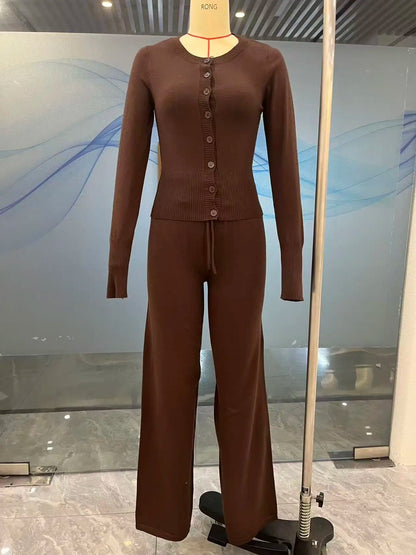Tornova 2025 Fall Winter Knitted Suit Solid Cardigan Top Women's O neck Knitted Sweater Straight Trousers Two Piece Set Casual Good Vibrations