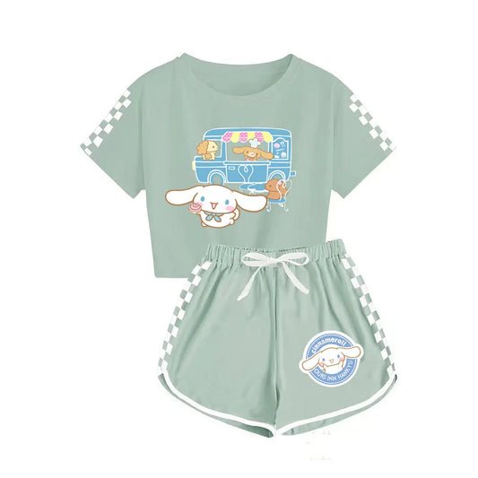 Sanrio Girls Cartoon T-Shirts and Shorts Set Cinnamoroll Kuromi Soft Pajamas Short Sleeve Set Summer Sport Clothes Homewear Gift Good Vibrations