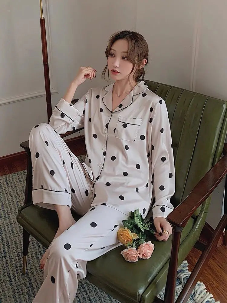 2023 Spring Autumn New Ice Silk 2 Pieces Pajamas for Women Fashion Cardigan Women's Pajamas Sweet Printing Loungewear Women Set Good Vibrations