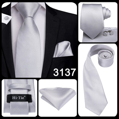 Men's Ties White Sliver Hanky Cufflinks Set Silk Neck ties For Men Wedding Party Business Mens Tie 2022 New Fashion Brand Hi-Tie Good Vibrations