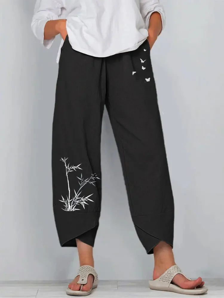 Vintage Print Pants Women Fashion Irregular Casual High Waist Elastic Waist Straight Loose Trousers Summer Lady Cargo Pantalon Good Vibrations