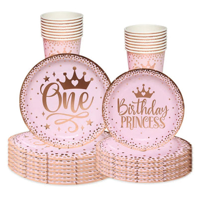 8Guests Pink One Year Old Birthday Disposable Tableware Crown Plates Cups Napkins Girls Princess Happy One 1st Birthday Party Good Vibrations
