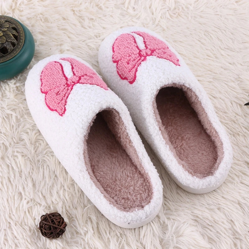 Women's Lovely Pretty Bow Flowers Slippers Men Cartoon Soft Warm Sandals Females Cute Plush Cotton Flat Slides For Autumn Winter Good Vibrations