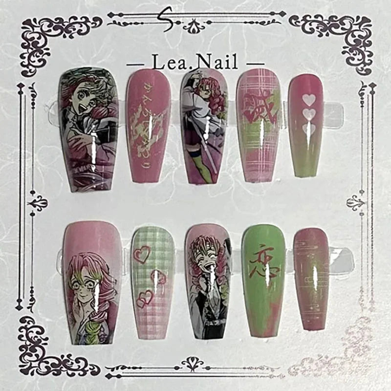 Lea.Nail Anime-Inspired Press-On Nails: Pink & Green Gradient Art with Hearts, Floral & Anime Designs | Cosplay-Ready 3D Accents Good Vibrations