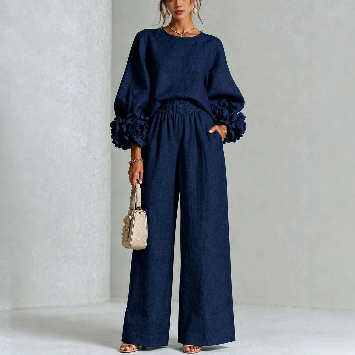 Women 2 Piece Outfit O Neck Puff Long Sleeve Top 3D Floral + Elastic Waist Wide Leg Pants Set Autumn Elegant Casual Office Suit Good Vibrations