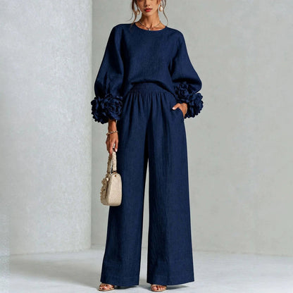 Women 2 Piece Outfit O Neck Puff Long Sleeve Top 3D Floral + Elastic Waist Wide Leg Pants Set Autumn Elegant Casual Office Suit Good Vibrations