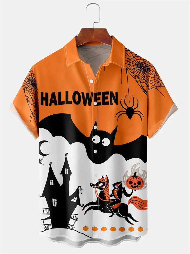 Men's Fashion Halloween Shirt Summer Cute Style Men's Clothing Party Holiday Men Top Pumpkin Head Print Boys' Short Sleeve Shirt Good Vibrations