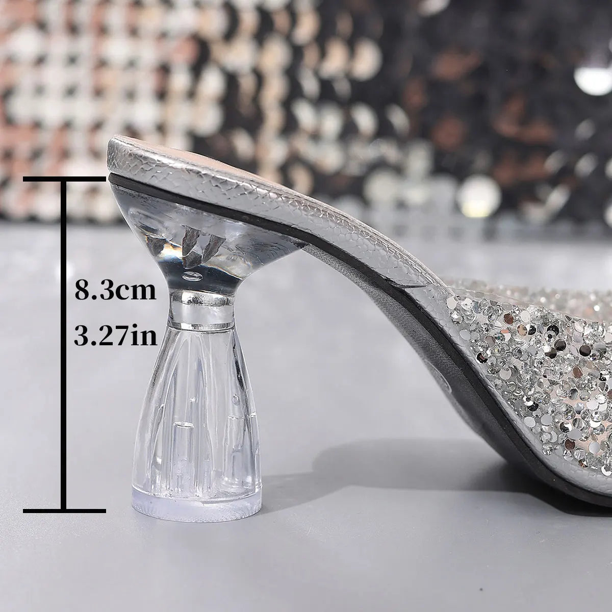 Elegant Pointed Toe High Heels Slippers Women Summer Fashion Clear Crystal Heel Sandals Woman Shiny Sequins Banquet Party Shoes Good Vibrations