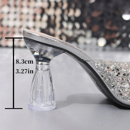 Elegant Pointed Toe High Heels Slippers Women Summer Fashion Clear Crystal Heel Sandals Woman Shiny Sequins Banquet Party Shoes Good Vibrations