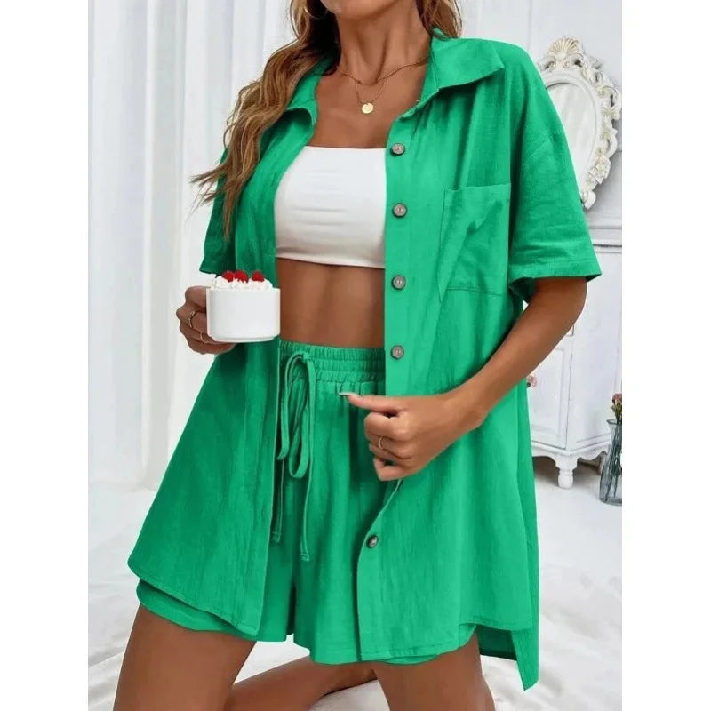 Fashion Black Short Sleeve Shirt And Shorts Two Piece Sets Women 2025 Summer Cotton Linen Casual Home 2 Piece Sets Women Outfit Good Vibrations