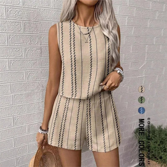 Women's Two Piece Sets 2025 Summer Casual Loose Crafts Striped Printed Sleeveless Vest Shorts 2-piece Set Suit Women Streetwear Good Vibrations