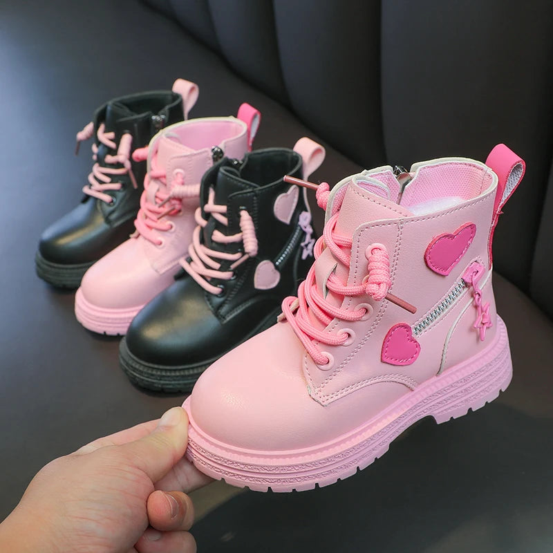 Girls Boots Kids Fashion Rubber Boots Cool Girl Autumn and Winter Cotton Soft Sole Pink with Love Side Zip Princess Round-toe PU Good Vibrations