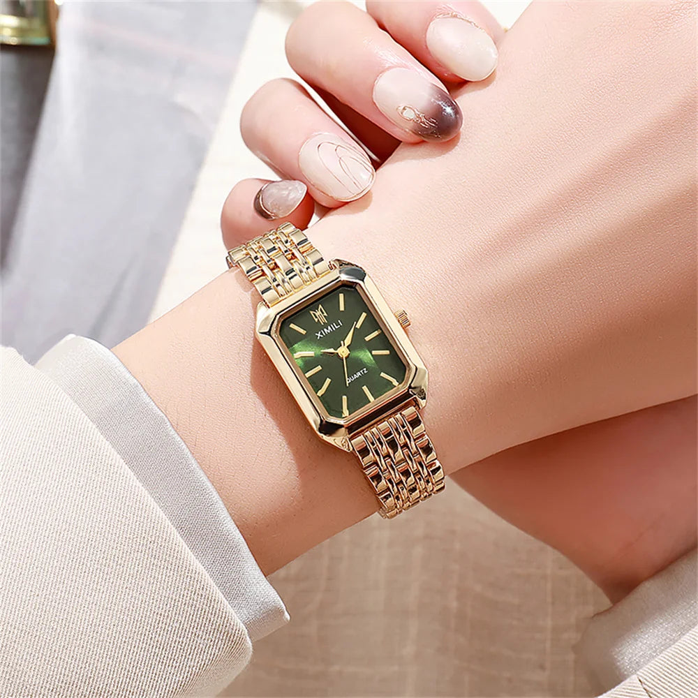 Luxury Ladies Fashion Quartz Watch Simple Scale Square Quality Gold Plated Women Watches Business Stainless Steel Folding Clock Good Vibrations