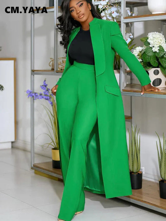 Elegant green women's set full sleeve x-long blazer coat with wide leg pants office outfit