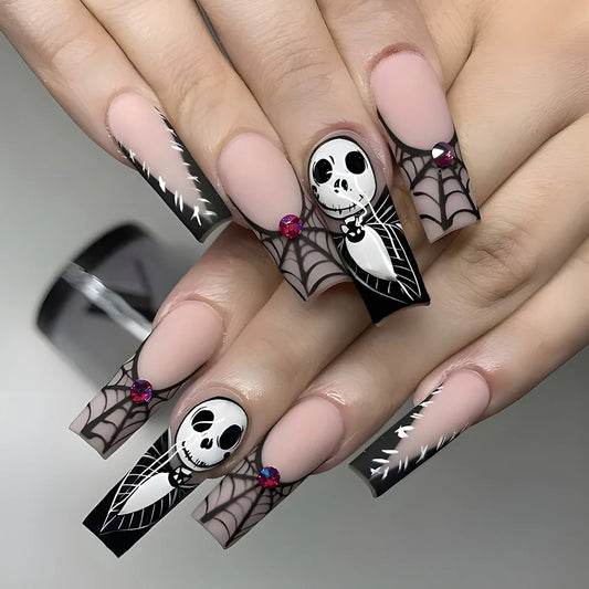 24pcs Halloween Press on Nails with Skull Black Spider Wed Design French Fake Nail Patch Full Cover Wearable False Nail Tips Good Vibrations