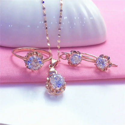 White Shiny Flower Jewelry Set Plated  Rose Gold Earrings for Women Charms Rings Necklace Elegant Light Luxury Necklaces Good Vibrations