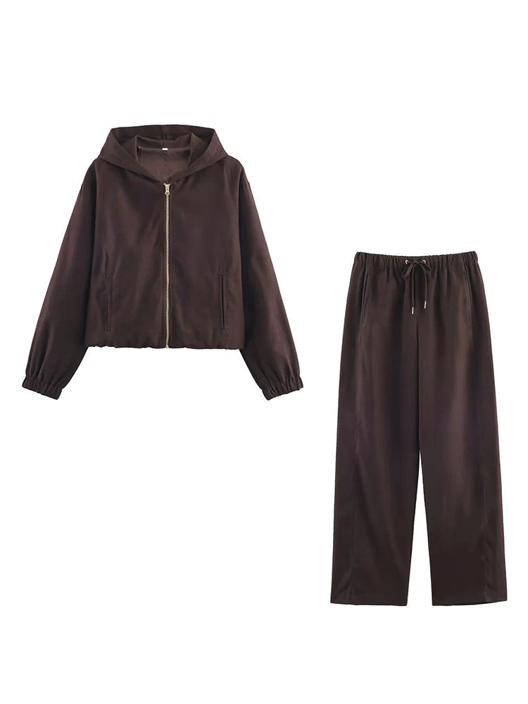 Women Casual Sweatshirt Pant Suit Long Sleeve Hooded Zipper Coats With Pocket Loose Straight Trousers Ladies Solid Sets Good Vibrations