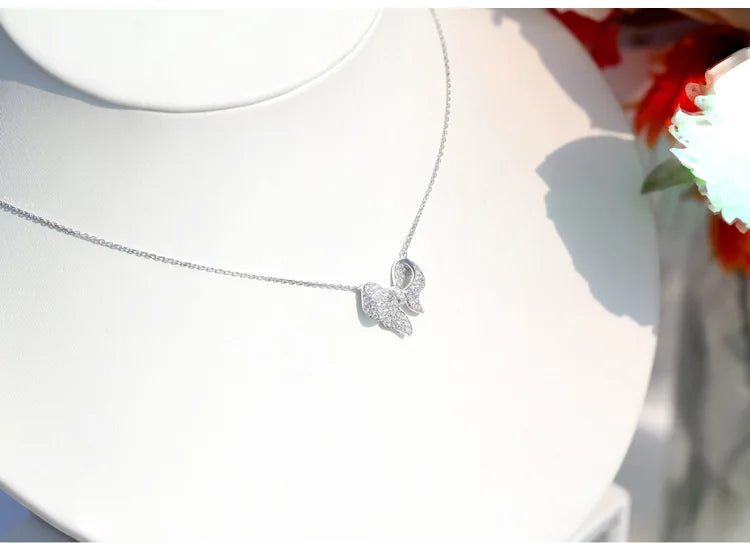 Ins Delicate 925 SIlver Needle Jewelry Set Silver Color Micro Pave Zircon Bowknot Necklace+earrings Fashion Statement Bijoux Good Vibrations Adult Super Store