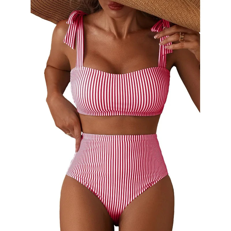Women's 2026 Two Piece Bikini Set Striped High Waist Tie Shoulder Swimsuit Summer Beachwear Good Vibrations