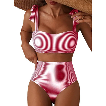 Women's 2026 Two Piece Bikini Set Striped High Waist Tie Shoulder Swimsuit Summer Beachwear Good Vibrations