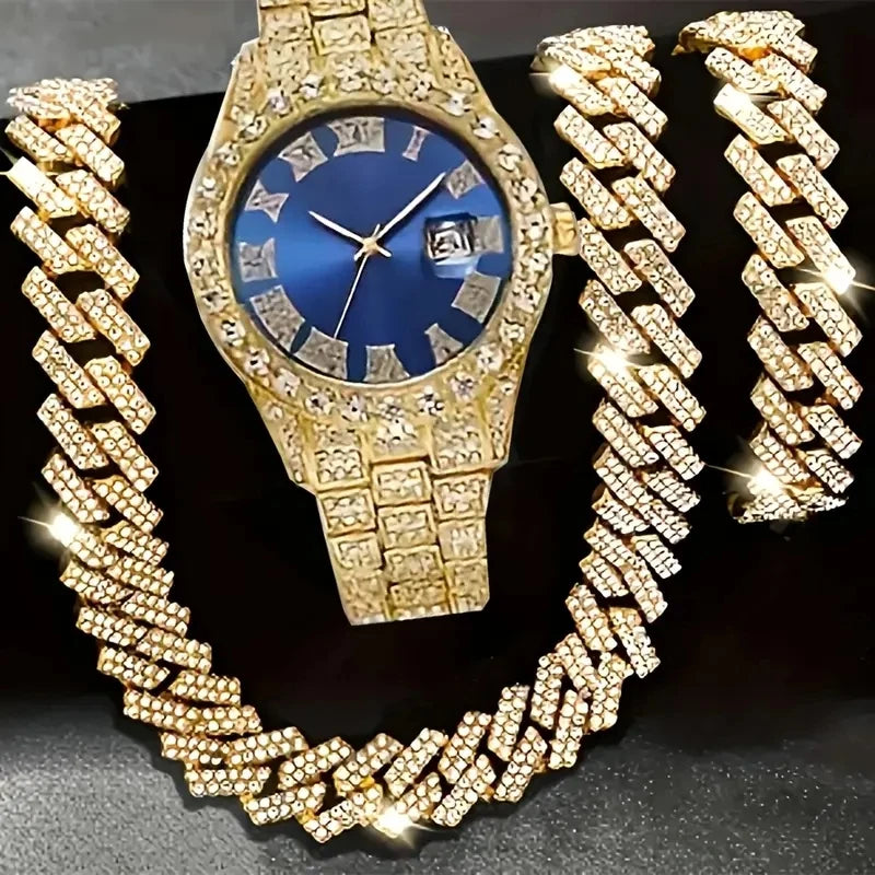 4pcs/set Mens Bling Wrist Watch & Hip Hop Cuban Chain Necklace Set - Rhinestone Accented, Round Dial, Electronic Quartz Movement Good Vibrations