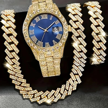 4pcs/set Mens Bling Wrist Watch & Hip Hop Cuban Chain Necklace Set - Rhinestone Accented, Round Dial, Electronic Quartz Movement Good Vibrations