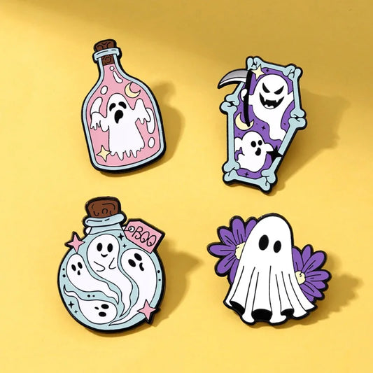 Set of colorful Halloween badges featuring white ghost designs on metal enamel pins for costume decoration