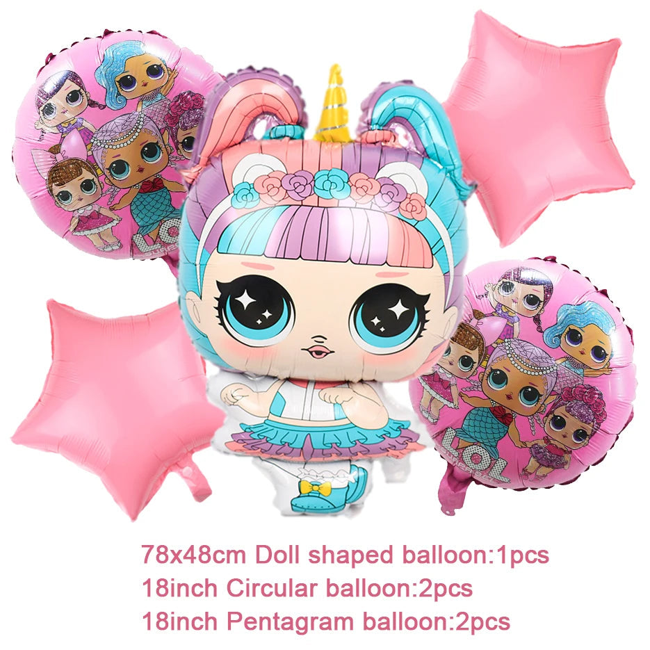 Girl Surprise Theme Backdrop Cute Shiny Doll Birthday Party Decoration Pink Latex Balloon Disposable Tableware Plate Cake Topper Good Vibrations