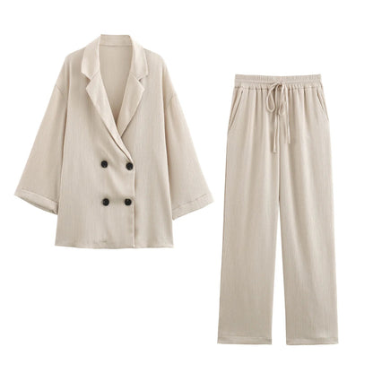 2024 Autumn Women Casual Blazer Coat Pants Set Long Sleeve Double Breasted Blazer + Wide Leg Trousers Lady Office Outfit Good Vibrations