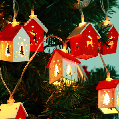 Christmas Wooden House LED String Light Xmas Tree Garland Home Fairy Lamp Merry Christmas Hanging Ornament 2025New Year Gift Noe Good Vibrations