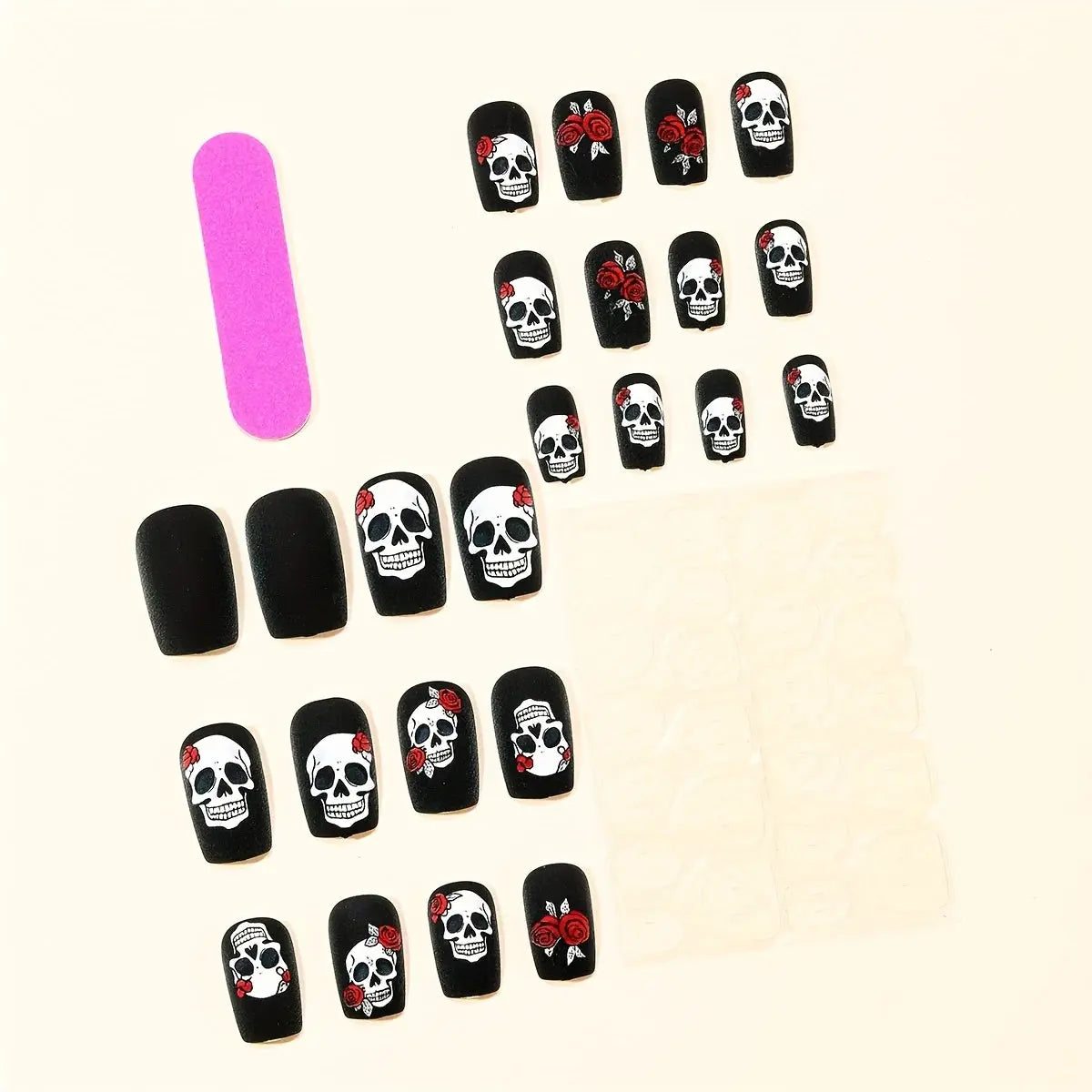 24pcs Halloween Nails Black Matte Rose Skull Print Design Full Coverage Press False Nails, for Women's Party Nail Art Decoration Good Vibrations