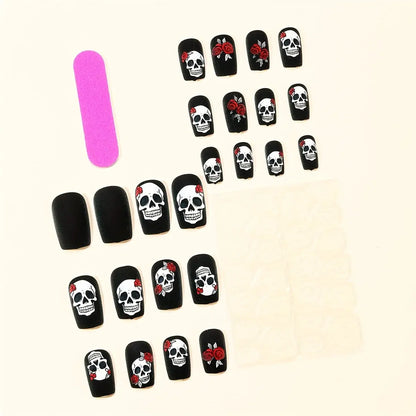 24pcs Halloween Nails Black Matte Rose Skull Print Design Full Coverage Press False Nails, for Women's Party Nail Art Decoration Good Vibrations
