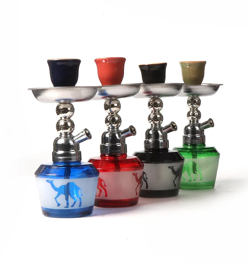 Mini glass shisha set with ceramic bowls and single hose, available in multiple colors.