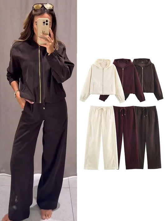 Women Casual Sweatshirt Pant Suit Long Sleeve Hooded Zipper Coats With Pocket Loose Straight Trousers Ladies Solid Sets Good Vibrations