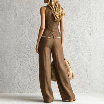 Two Piece Set For Women Fashion Piping Lapel Slim Vest Top + Wide Leg Pants Set Casual Blazer Matching Outfit Female Office Good Vibrations