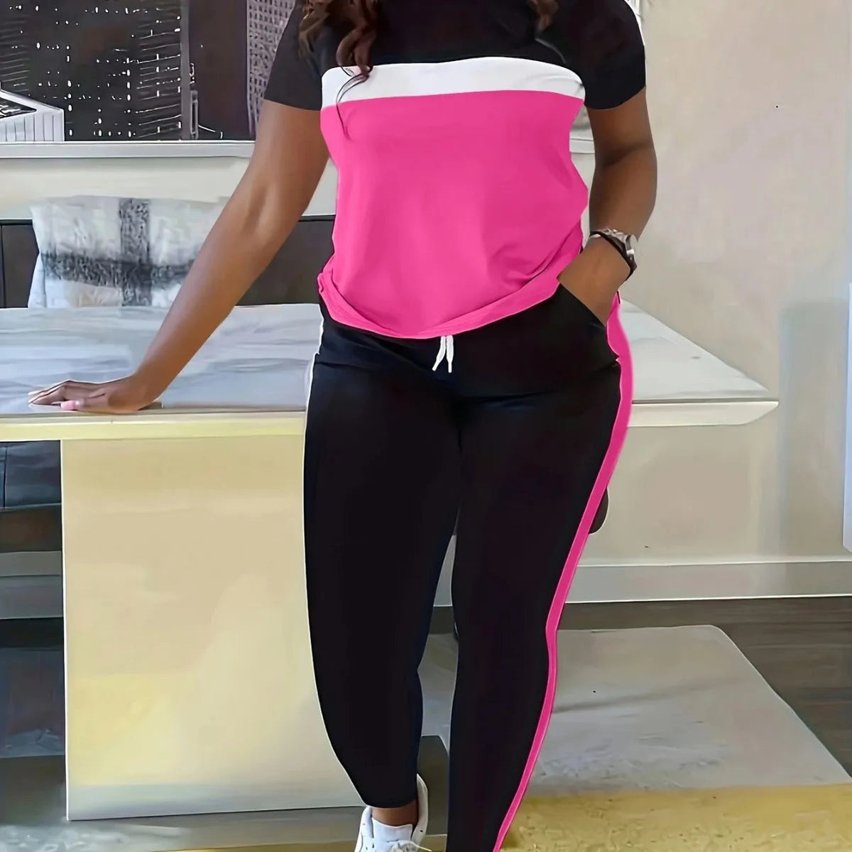 Pant Set Women Two Piece Sets Matching Sets Short Sleeve Loose Casual Tops Long Pants Lace Up Elastic Waist Jogger Summer Good Vibrations