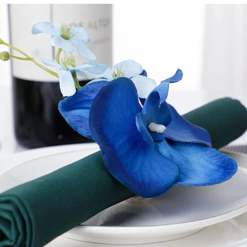 6PCS Handmade Orchid Flower Napkin Rings Blue Flower Holders Handcraft Serviette Buckles Rings For Wedding Table Decor Good Vibrations