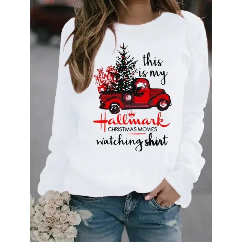 Christmas Tree Car Printed Long Sleeve Collar Loose Round Neck Hoodie Winter Autumn Graphic T Shirts  Women Clothing Good Vibrations