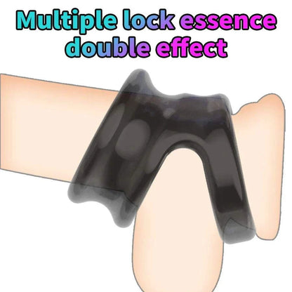Semen lock ring male masturbator for delayed ejaculation in black silicone.