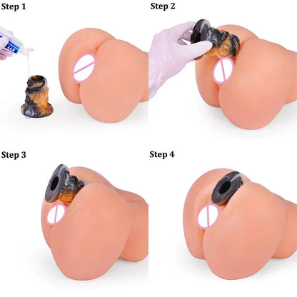 Wearable prostate massager with hollow anal expander for G-spot stimulation, made of multi-color liquid silicone.