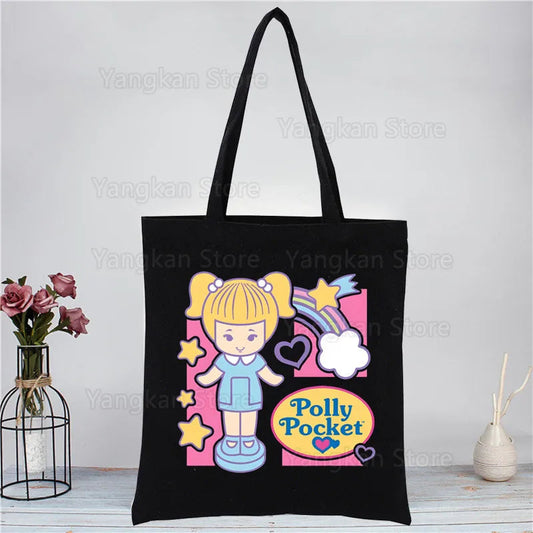 Kawaii Polly Pocket Shopping Bag Women Canvas Tote Bags Printing Eco Bag Cartoon Shopper Shoulder Bags Black Good Vibrations