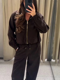Women Casual Sweatshirt Pant Suit Long Sleeve Hooded Zipper Coats With Pocket Loose Straight Trousers Ladies Solid Sets Good Vibrations
