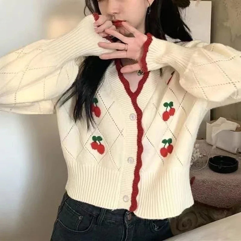 New Fashion Spring Autumn V-neck Long Sleeve Knitting Cardigan Women Casual Loose Button Floral Hollow Out All-match Tops Good Vibrations