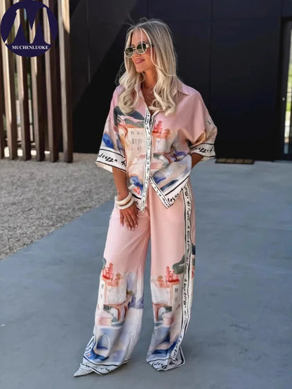 Women's Summer 2-Piece Set Elegant Printed Top & Casual Loose Wide Leg Pants Ensemble with Half Sleeve Fashionable Good Vibrations