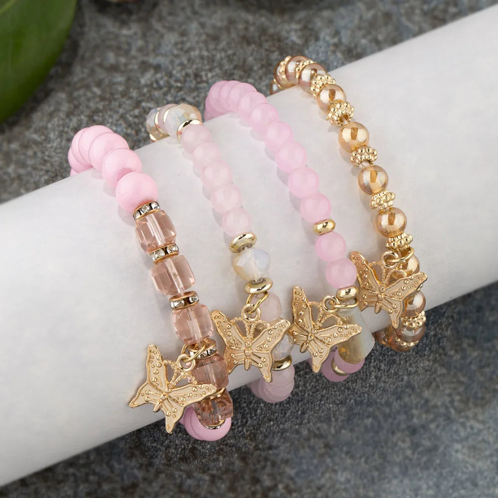 4Pcs Trendy Butterfly Beaded Bracelet Set For Women Pink Acrylic Beads Elastic Chain Bangle Female Bohemian Party Jewelry Gift Good Vibrations