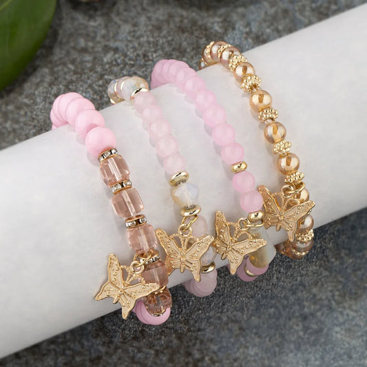 4Pcs Trendy Butterfly Beaded Bracelet Set For Women Pink Acrylic Beads Elastic Chain Bangle Female Bohemian Party Jewelry Gift Good Vibrations