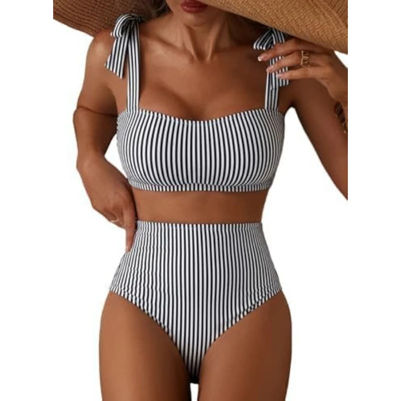 Women Two-piece Halter Vest Swimwear Sexy Striped Ruffle High Waisted Bikinis Set Female Bathing Suit Tie Strap Beachwear Good Vibrations