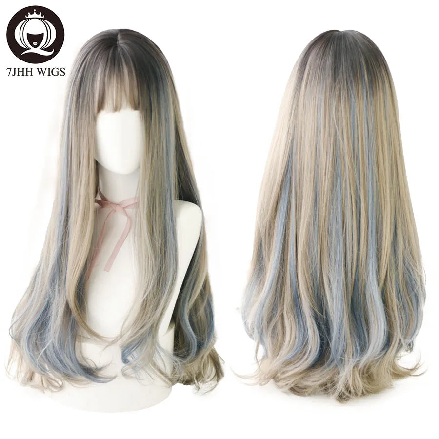 7JHHWIGS Long Wavy Synthetic Black Wigs For Women With Fringe Fashion Heat Resistant Mid-Length Daily Straight Light Brown Hair Good Vibrations